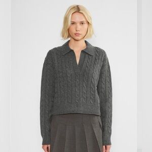 Aritzia Sunday Best Lottie Relaxed Polo Sweater Merino Wool Cable Knit Grey Smal